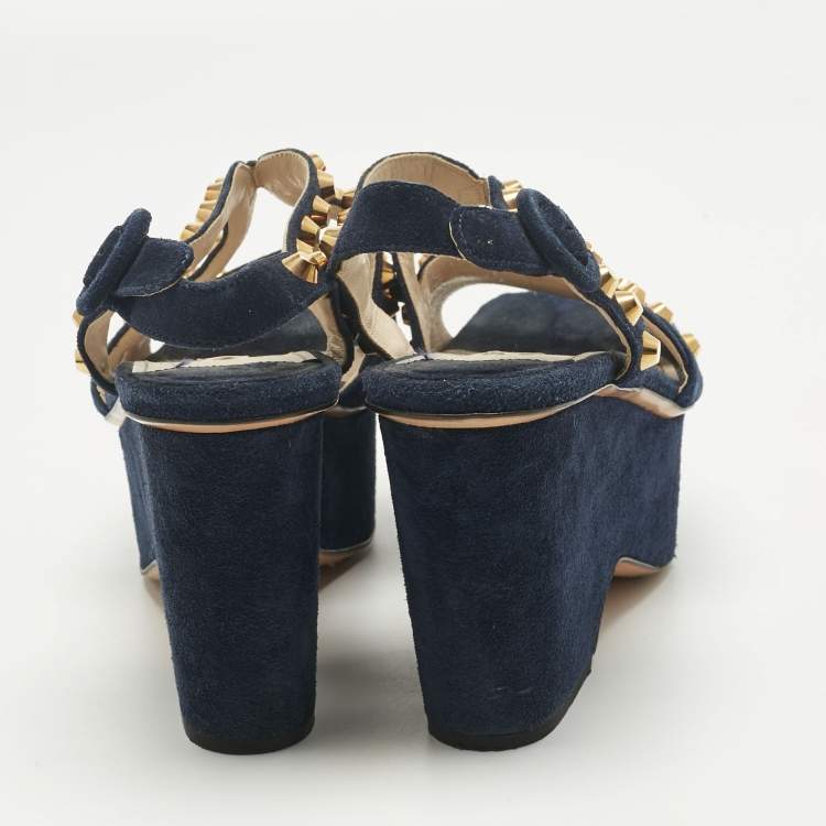 Pre Owned Prada Navy Blue Suede Studded Wedge Sandals Size 36