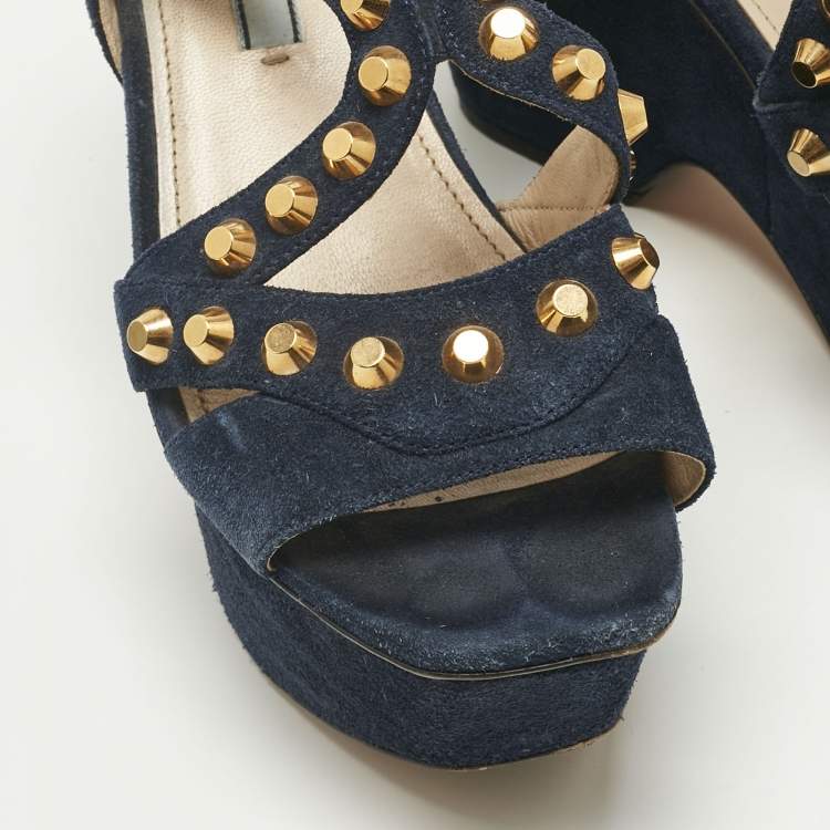 Pre Owned Prada Navy Blue Suede Studded Wedge Sandals Size 36