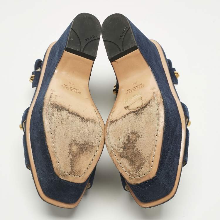 Pre Owned Prada Navy Blue Suede Studded Wedge Sandals Size 36