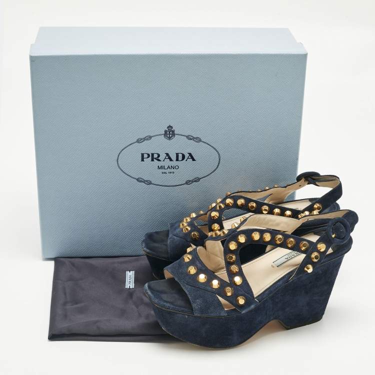 Pre Owned Prada Navy Blue Suede Studded Wedge Sandals Size 36