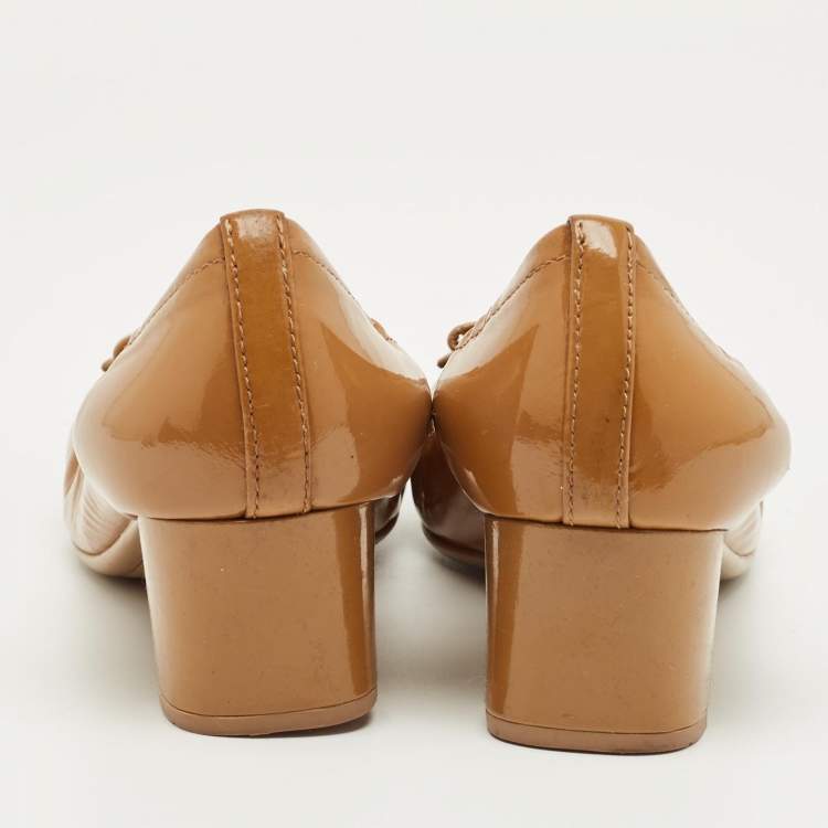 Pre Owned Prada Brown/Black Patent Leather Cap Toe Bow Block Heel Pumps Size 36