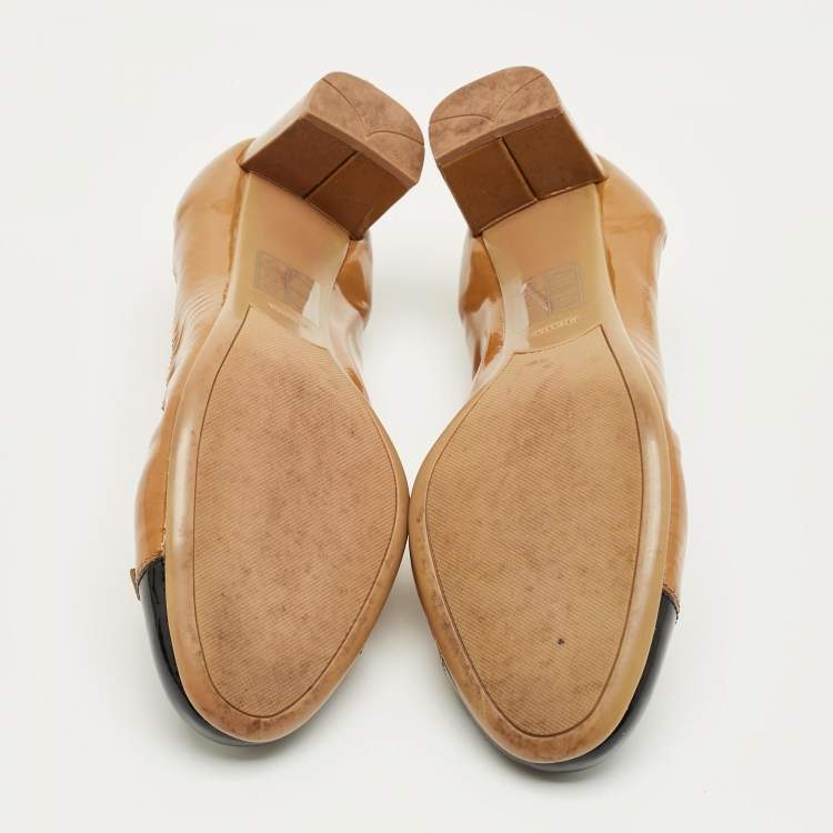 Pre Owned Prada Brown/Black Patent Leather Cap Toe Bow Block Heel Pumps Size 36