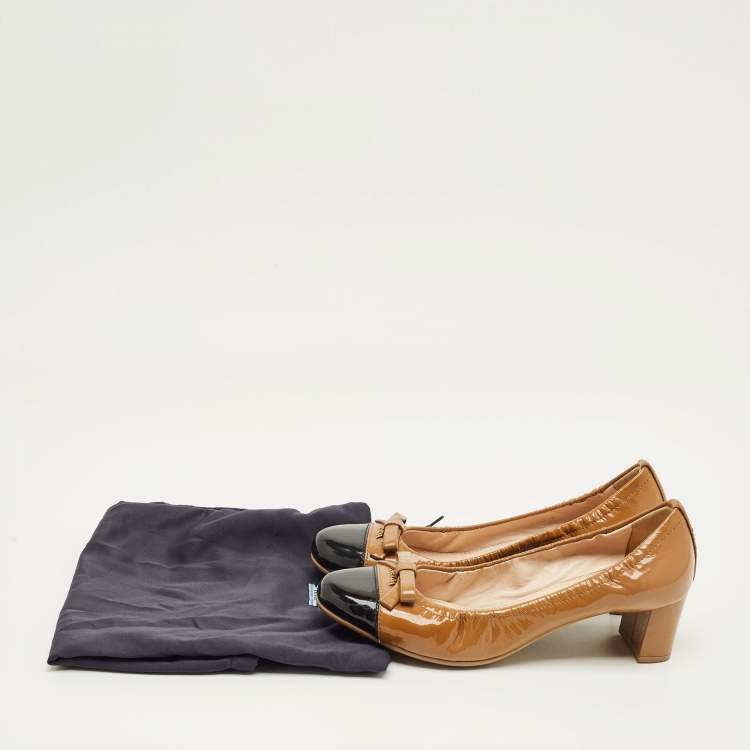 Pre Owned Prada Brown/Black Patent Leather Cap Toe Bow Block Heel Pumps Size 36