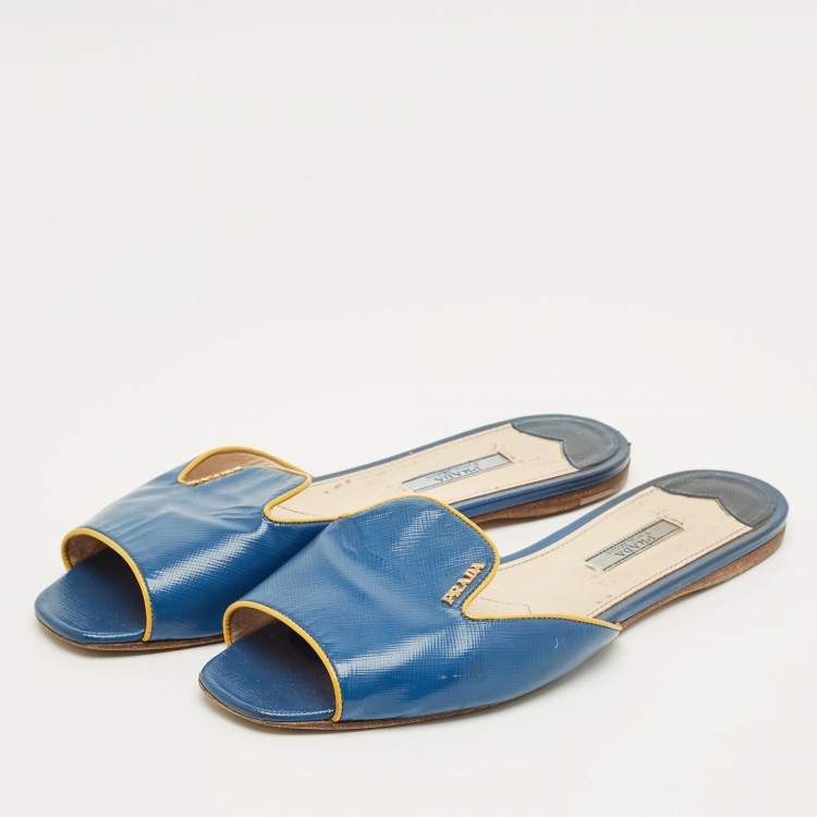 Pre Owned Prada Blue Saffiano Patent Leather Flat Slide Sandals Size 40