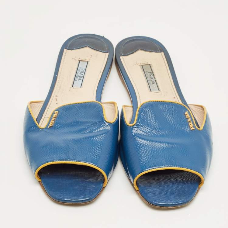 Pre Owned Prada Blue Saffiano Patent Leather Flat Slide Sandals Size 40