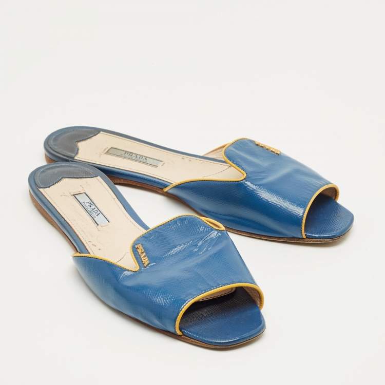 Pre Owned Prada Blue Saffiano Patent Leather Flat Slide Sandals Size 40