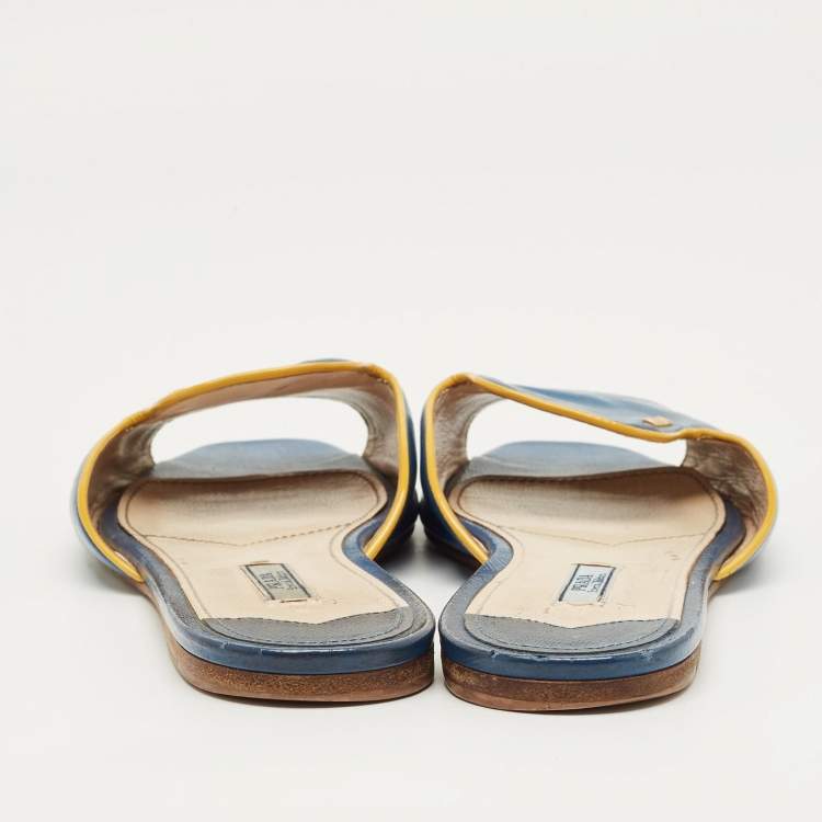 Pre Owned Prada Blue Saffiano Patent Leather Flat Slide Sandals Size 40