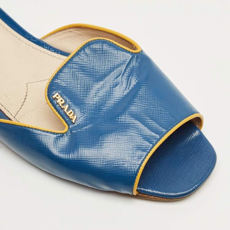 Pre Owned Prada Blue Saffiano Patent Leather Flat Slide Sandals Size 40