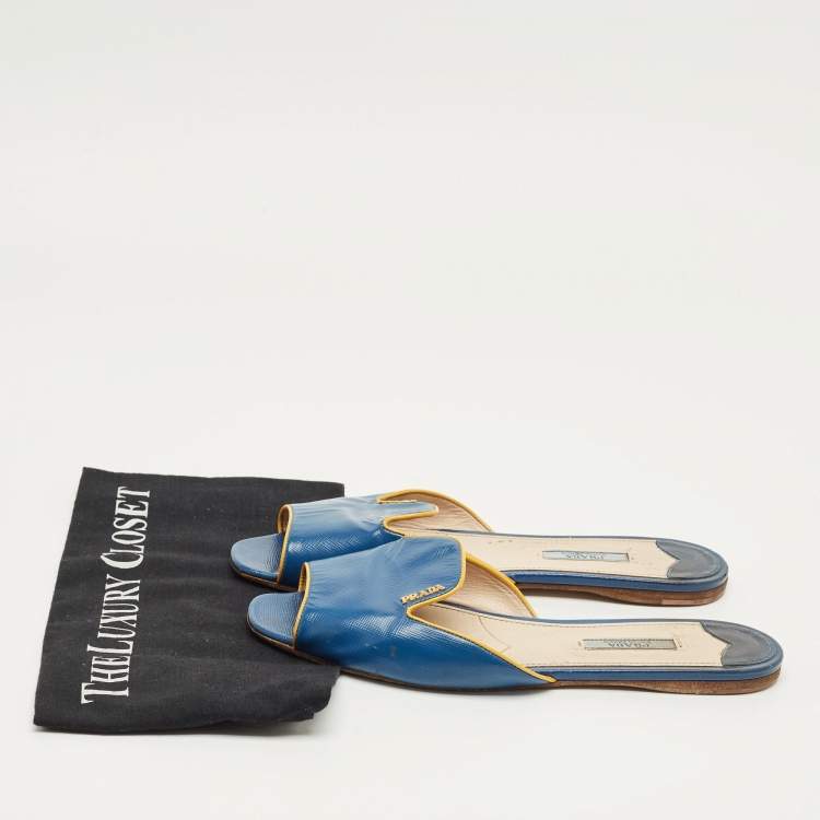 Pre Owned Prada Blue Saffiano Patent Leather Flat Slide Sandals Size 40