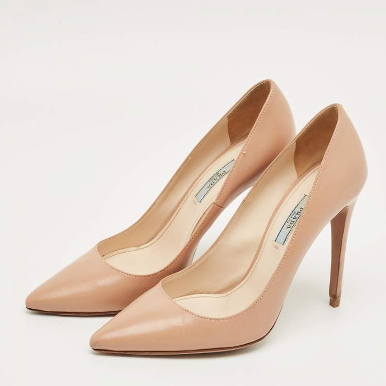 Pre Owned Prada Beige Leather Pointed Toe Pumps Size 37.5