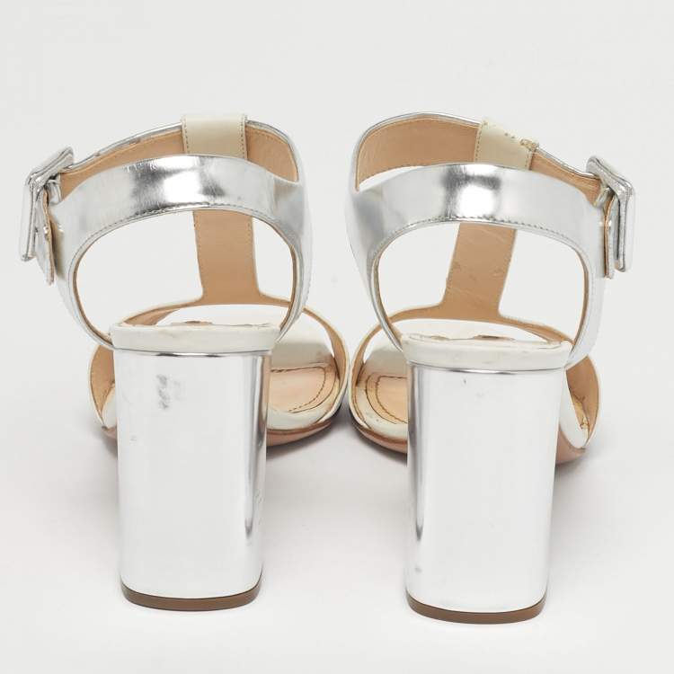 Pre Owned Prada White/Silver Leather Block Heel Ankle Strap Sandals Size 38