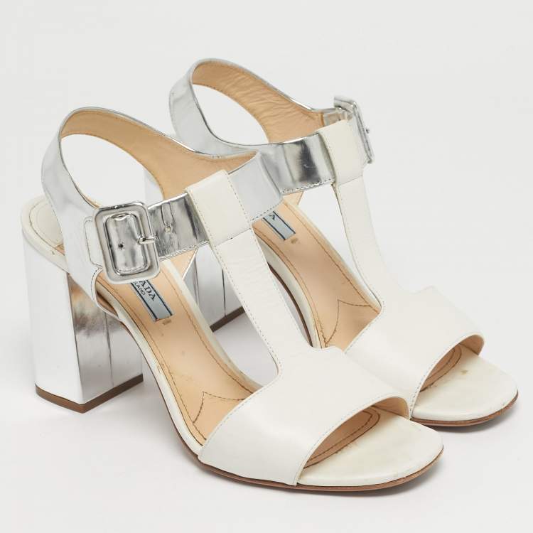 Pre Owned Prada White/Silver Leather Block Heel Ankle Strap Sandals Size 38