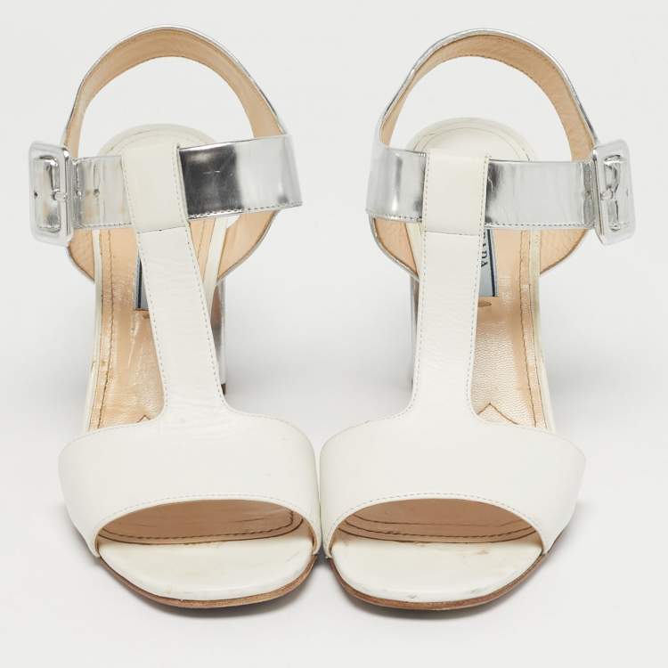 Pre Owned Prada White/Silver Leather Block Heel Ankle Strap Sandals Size 38