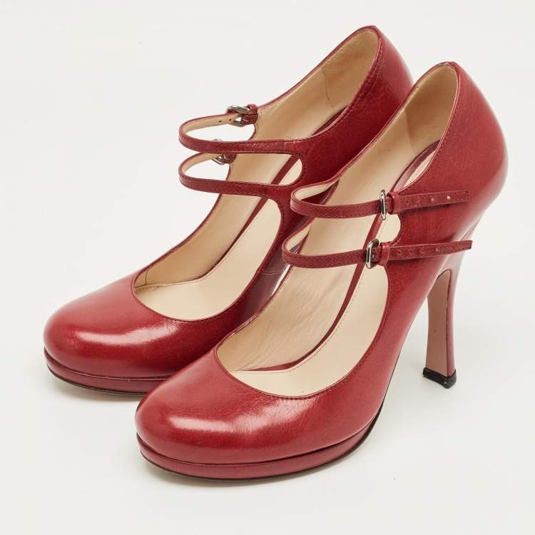 Pre Owned Prada Red Leather Mary Jane Pumps Size 38 