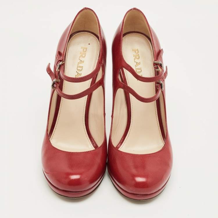 Pre Owned Prada Red Leather Mary Jane Pumps Size 38 
