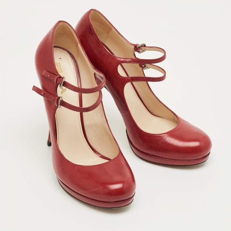 Pre Owned Prada Red Leather Mary Jane Pumps Size 38 