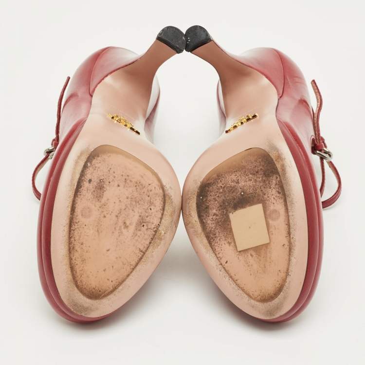 Pre Owned Prada Red Leather Mary Jane Pumps Size 38 