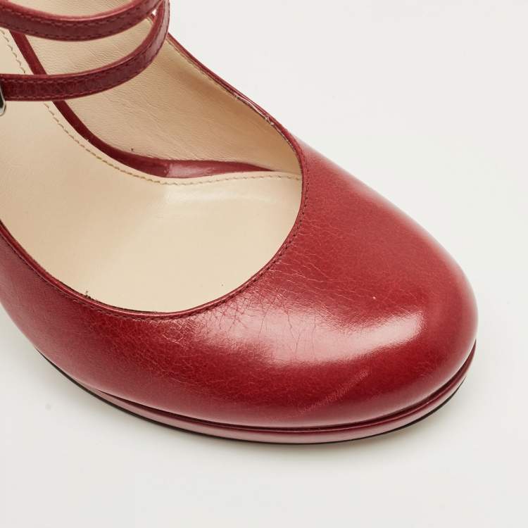 Pre Owned Prada Red Leather Mary Jane Pumps Size 38 