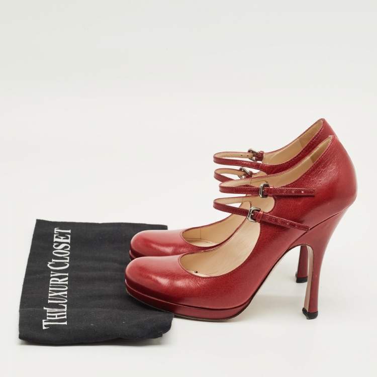 Pre Owned Prada Red Leather Mary Jane Pumps Size 38 