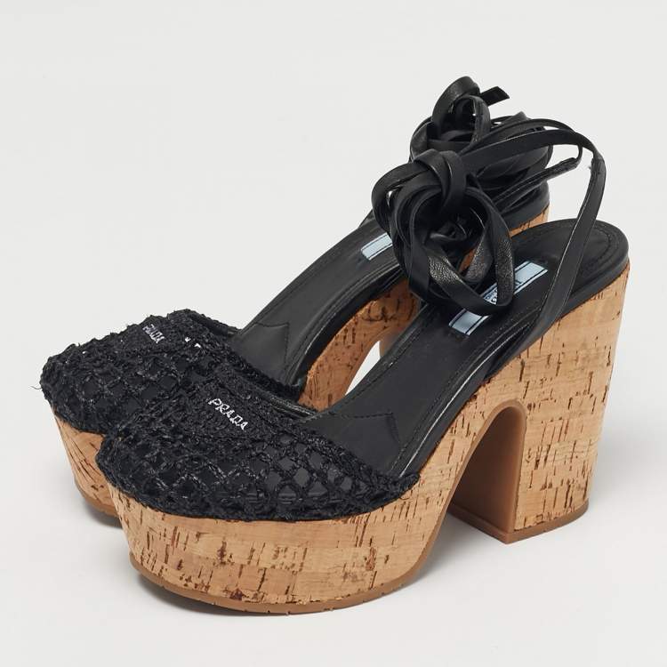 Pre Owned Prada Black Raffia and Leather Cork Ankle Strap Sandals Size 37