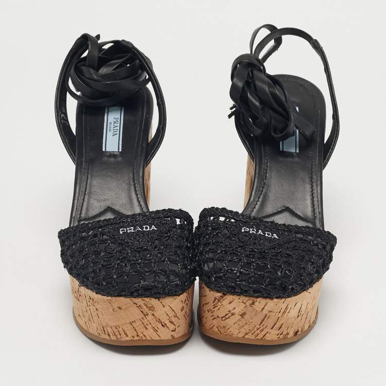 Pre Owned Prada Black Raffia and Leather Cork Ankle Strap Sandals Size 37