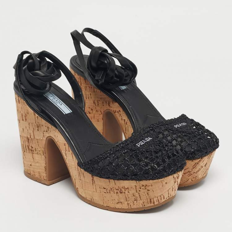 Pre Owned Prada Black Raffia and Leather Cork Ankle Strap Sandals Size 37