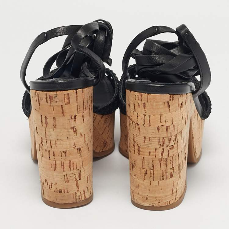 Pre Owned Prada Black Raffia and Leather Cork Ankle Strap Sandals Size 37