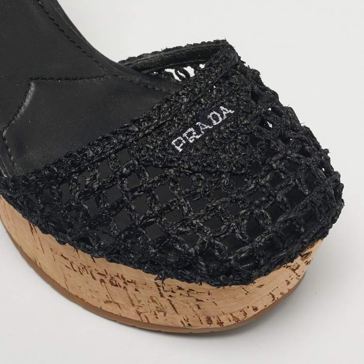 Pre Owned Prada Black Raffia and Leather Cork Ankle Strap Sandals Size 37