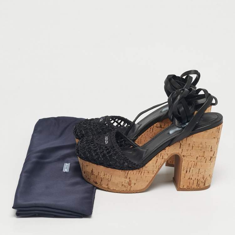 Pre Owned Prada Black Raffia and Leather Cork Ankle Strap Sandals Size 37