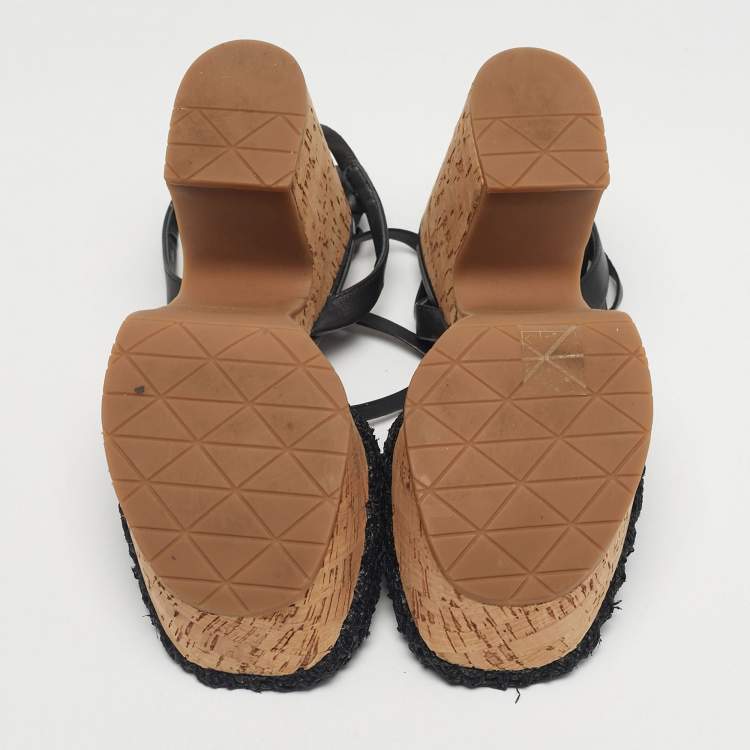 Pre Owned Prada Black Raffia and Leather Cork Ankle Strap Sandals Size 37