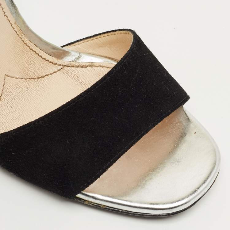 مملوكة مسبقًا صندل برادا سيور كاحل جلد لامع فضي وسويدي مقاس 37.5