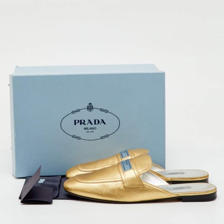 مملوكة مسبقًا Prada Metallic Gold Leather Flat Mules Size 42