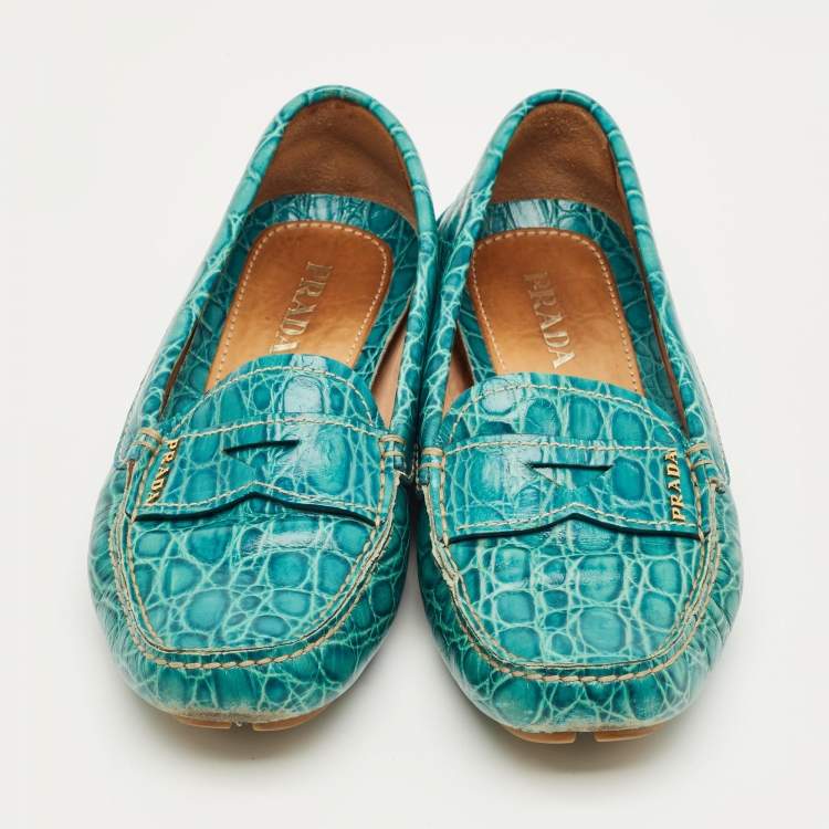 Pre Owned Prada Teal Crocodile Leather Penny Loafers Size 36.5