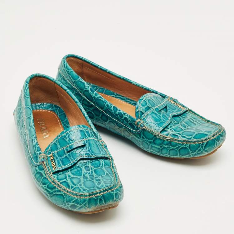 Pre Owned Prada Teal Crocodile Leather Penny Loafers Size 36.5