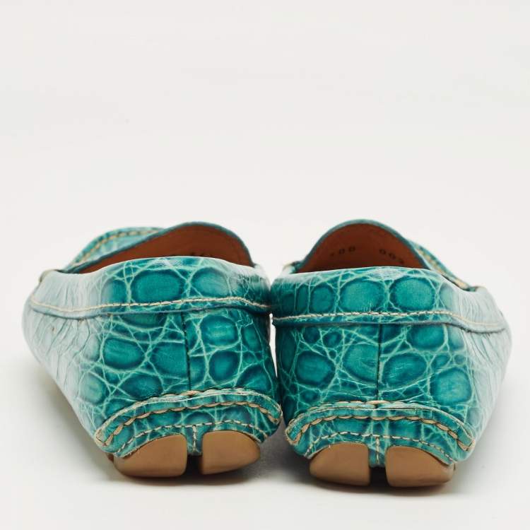 Pre Owned Prada Teal Crocodile Leather Penny Loafers Size 36.5