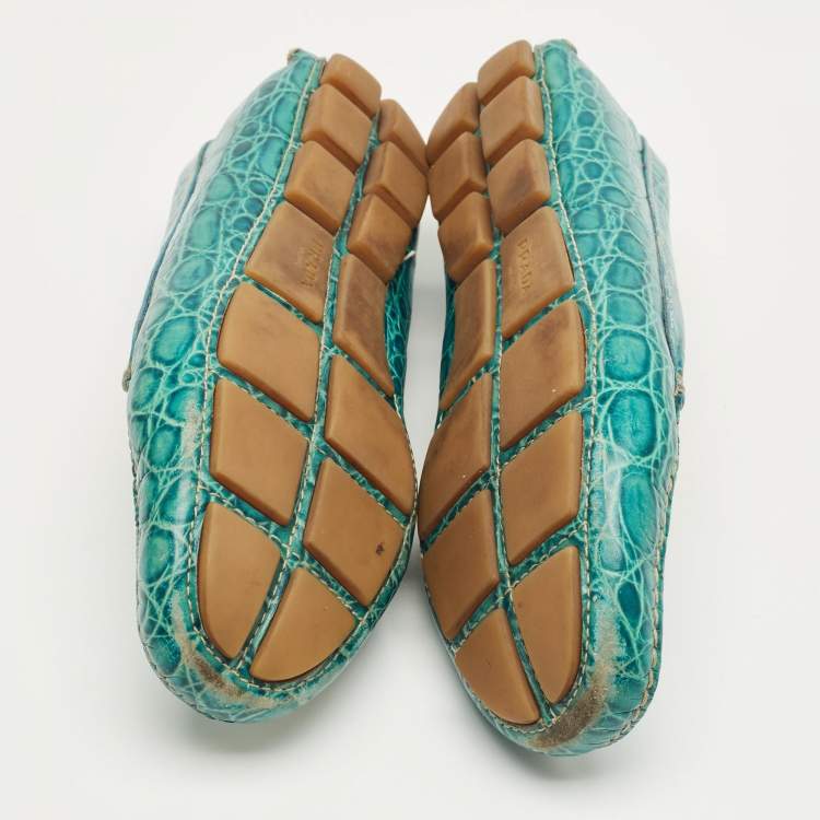 Pre Owned Prada Teal Crocodile Leather Penny Loafers Size 36.5