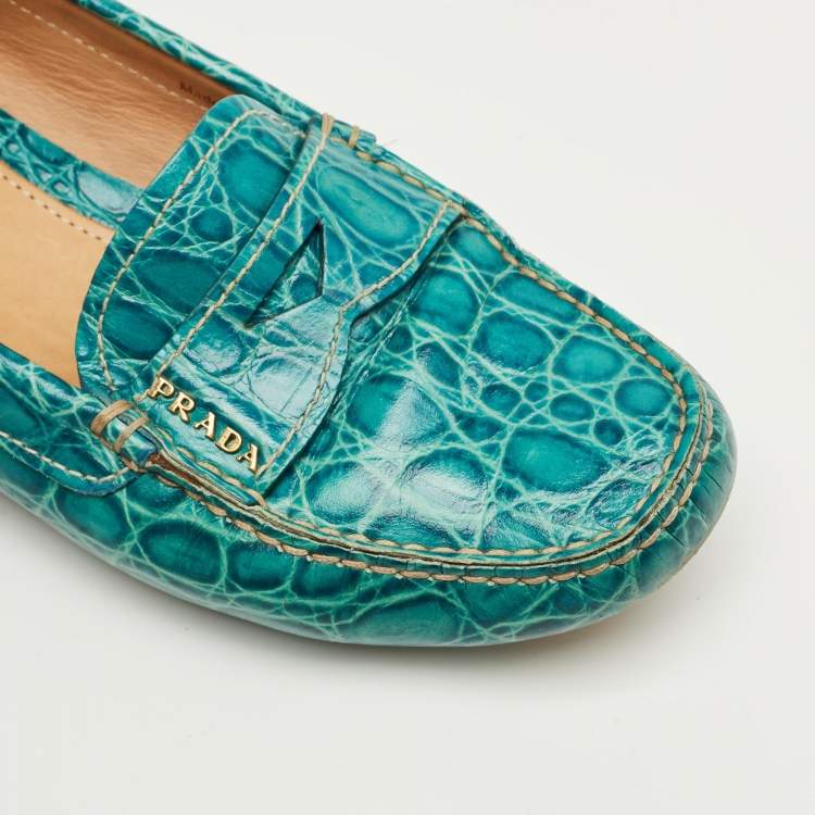 Pre Owned Prada Teal Crocodile Leather Penny Loafers Size 36.5
