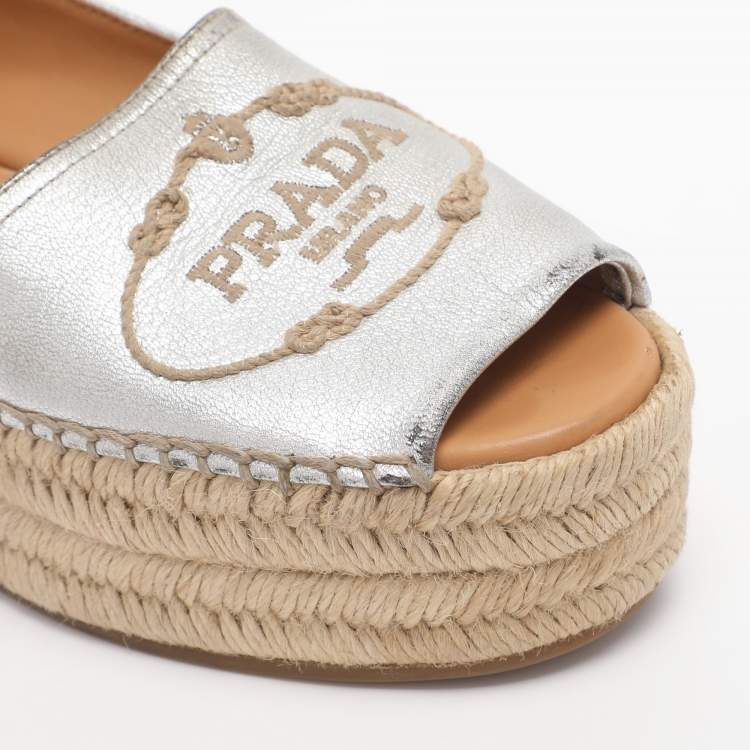 Pre Owned Prada Silver Leather Peep Toe Platform Espadrille Flats Size 36