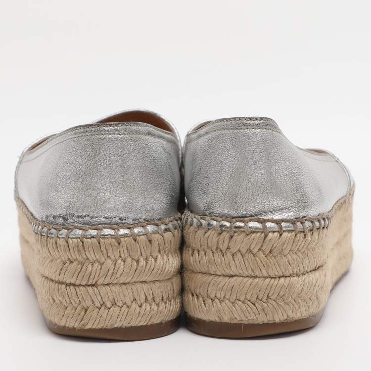 Pre Owned Prada Silver Leather Peep Toe Platform Espadrille Flats Size 36