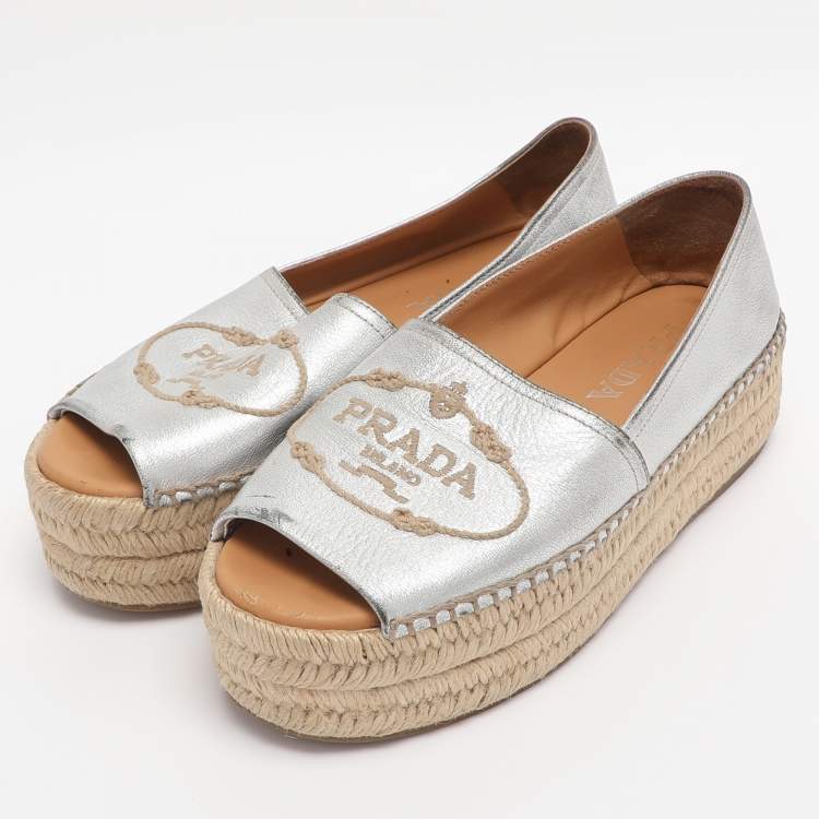 Pre Owned Prada Silver Leather Peep Toe Platform Espadrille Flats Size 36