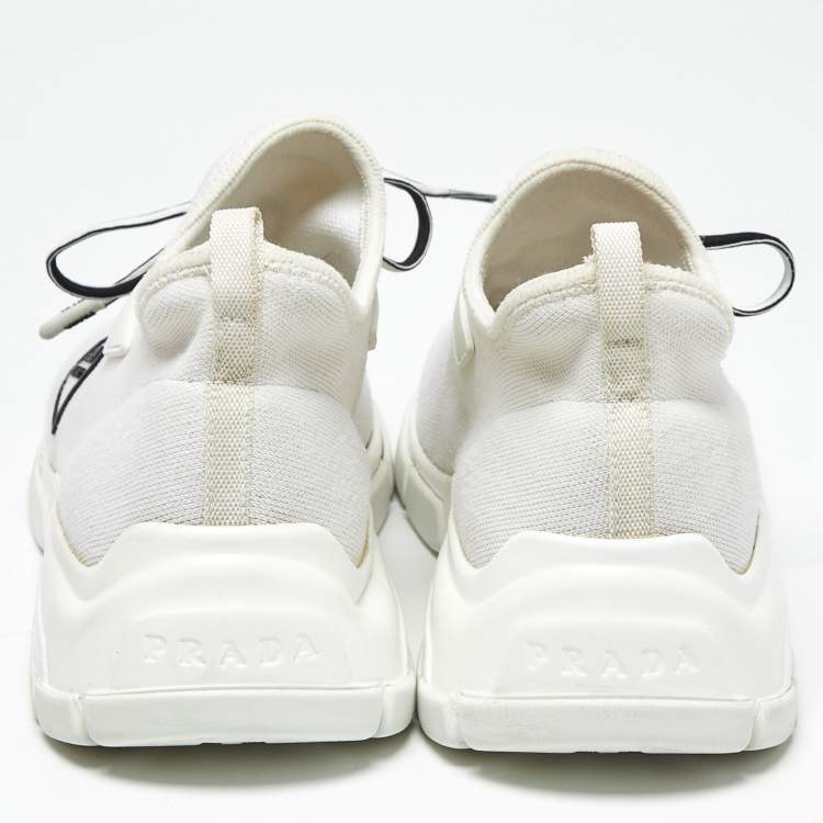 Pre Owned Prada White Knit Fabric Logo Low Top Sneakers Size 37.5
