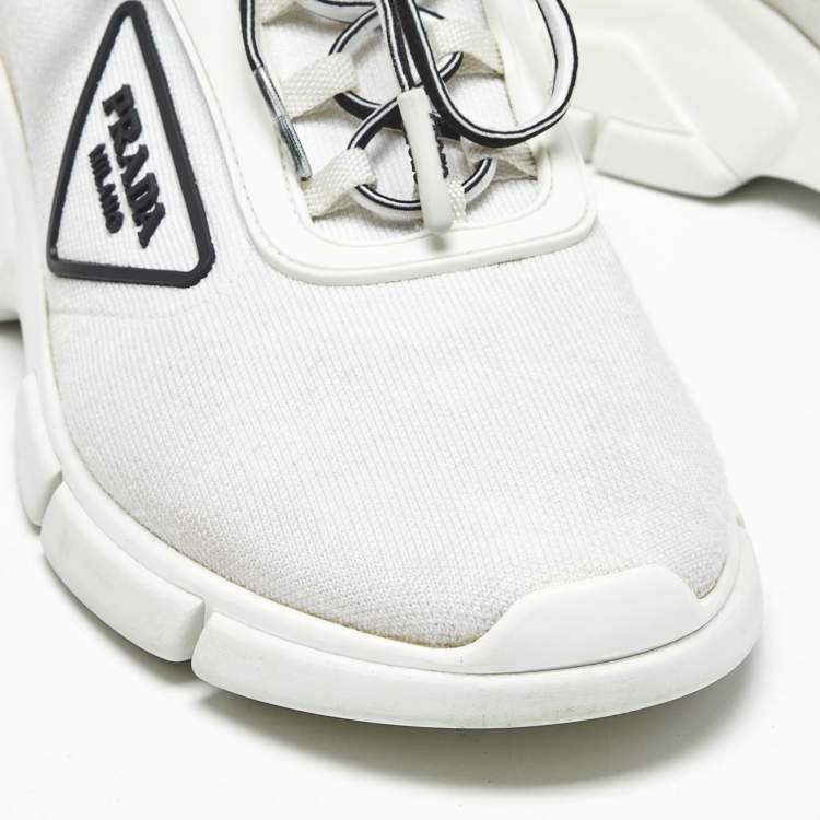 Pre Owned Prada White Knit Fabric Logo Low Top Sneakers Size 37.5