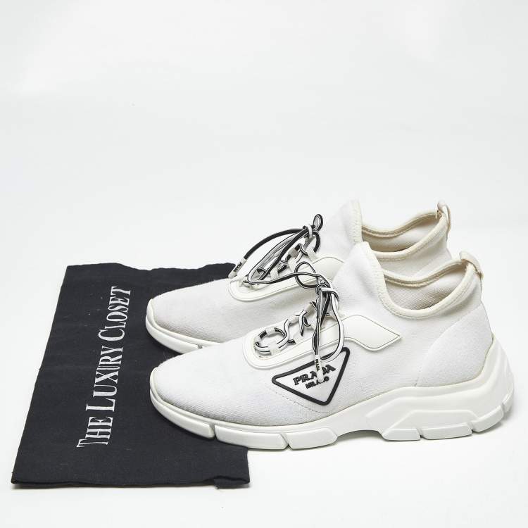 Pre Owned Prada White Knit Fabric Logo Low Top Sneakers Size 37.5