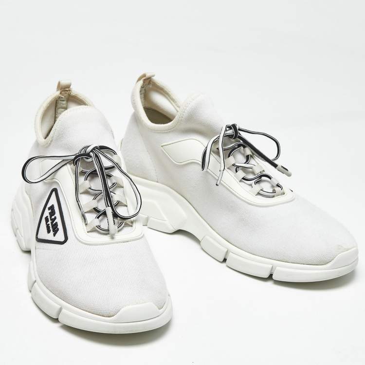 Pre Owned Prada White Knit Fabric Logo Low Top Sneakers Size 37.5