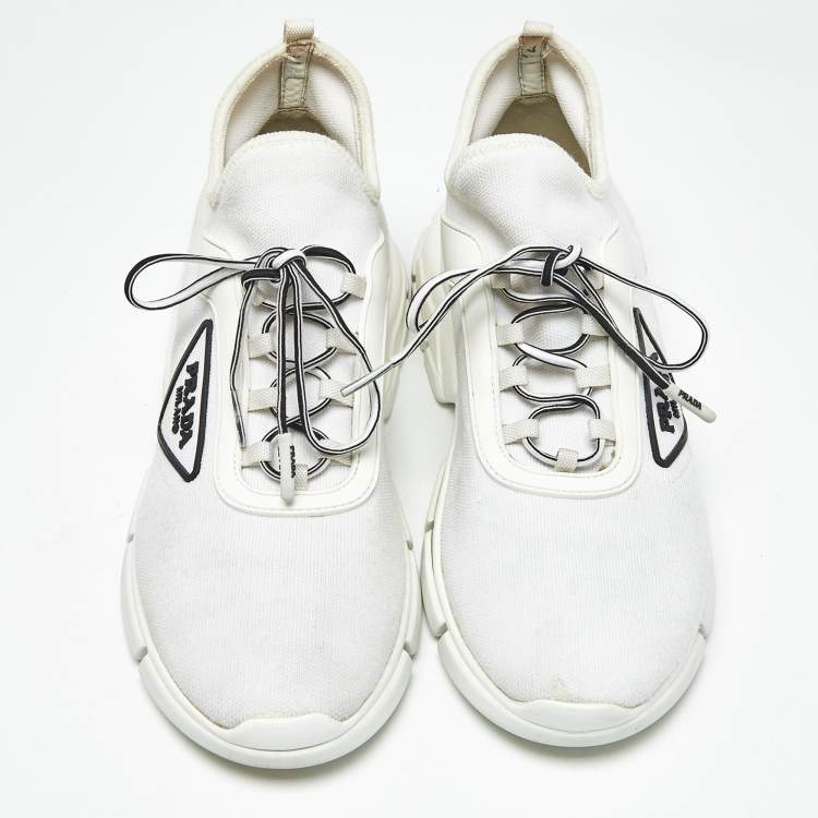 Pre Owned Prada White Knit Fabric Logo Low Top Sneakers Size 37.5