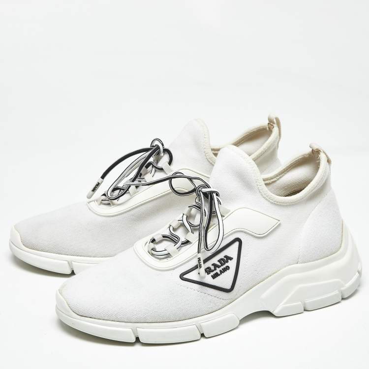 Pre Owned Prada White Knit Fabric Logo Low Top Sneakers Size 37.5