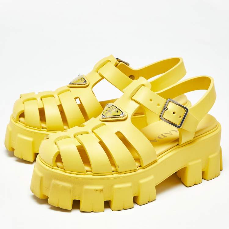 Pre Owned Prada Yellow Rubber Monolith Sandals Size 35