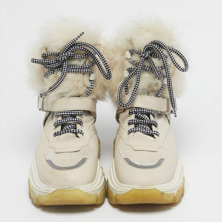 Pre Owned Prada Grey Leather and Shearling Hiking High Top Sneakers Size 38.5