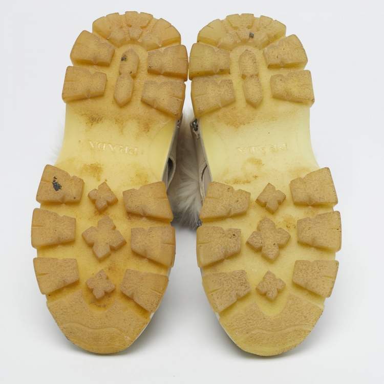 Pre Owned Prada Grey Leather and Shearling Hiking High Top Sneakers Size 38.5