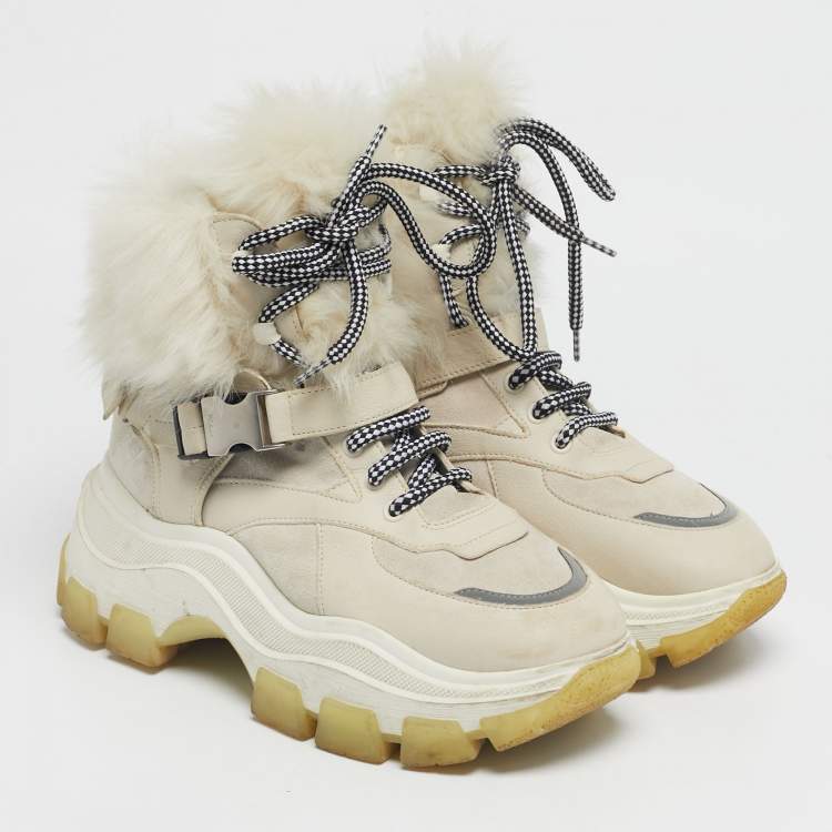 Pre Owned Prada Grey Leather and Shearling Hiking High Top Sneakers Size 38.5